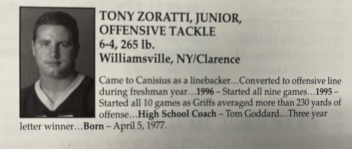 Player Spotlight: Tony started all four years for the Griffs at OT from 1995-98. Was smart and moved exceptionally well. He was captain his senior season and was a leader on and off the field. All-MAAC and Football Gazette Honorable Mention All-American.