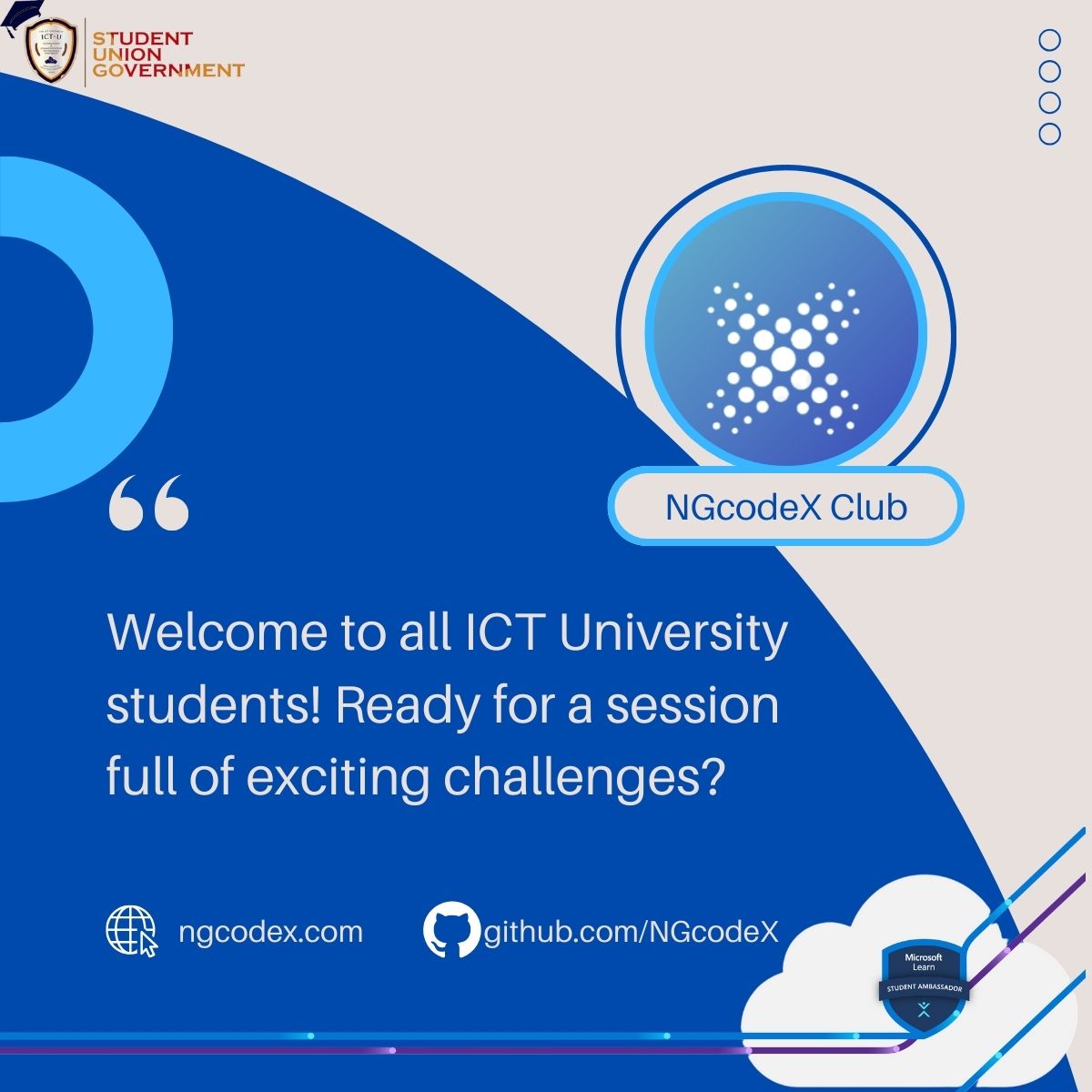 ngcodex's tweet image. Heyyy all welcome to ICT U student to SPRING Semester. join us and lest grow. new club destination. #ngcodex #welcomeictu #ictuniversity #joinngcodex