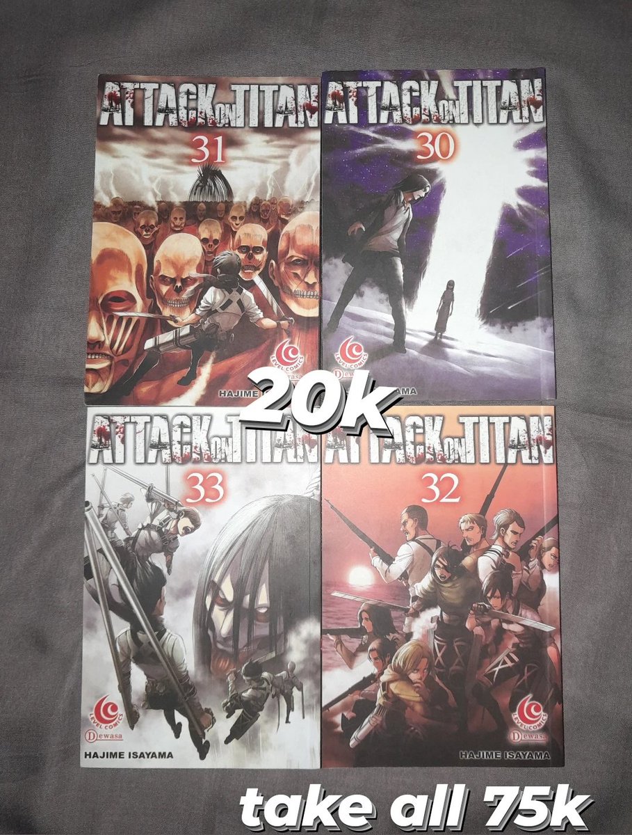 issaurs's tweet photo. 📚  WTS NOVEL &amp; KOMIK PRELOVED 📚
⭐️  dignitate
⭐️ sekaletta (bonus ttd)
⭐️ catatan tentang hujan
⭐️ segala-galanya ambyar
⭐️ attack on titan 30, 31, 32, 33
📍 bogor
📍 exc adm &amp; pack

#wts #wtb #novel #zonauang #zonaba #prelovednovel #prelovedkomik #aot #AttackOnTitan #komik https://t.co/oX7AEZ9nhp