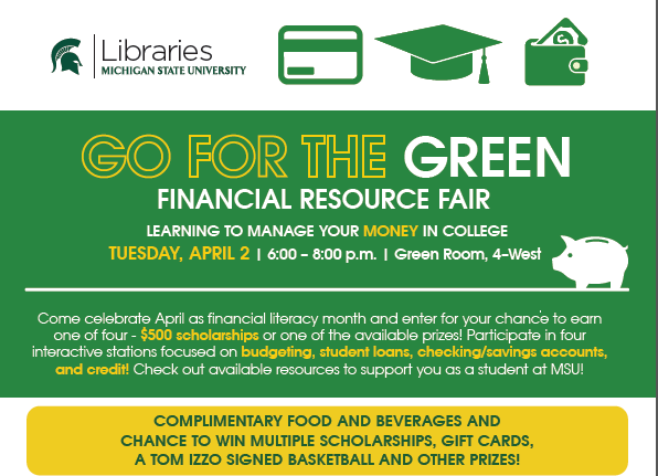 MSUHDFS's tweet photo. Bring your friends April 2 from 6-8 p.m. in the 4-W Green Room at the library, and join us for the chance to learn how to manage your money and the chance to win scholarships and other prizes! 

This free event with food and drinks is open to everyone at MSU! https://t.co/HNRTvwshKd