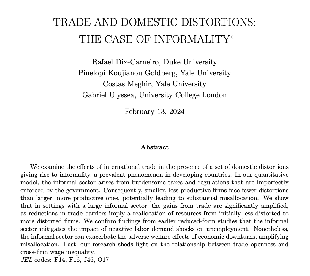 Cowles Foundation (@yalecowles) on Twitter photo 📣 NEW Discussion Paper 📣
This paper examines the effects of international trade in the presence of a set of domestic distortions giving rise to informality.
By <a href="/dix_rafael/">Rafael Dix-Carneiro</a>, <a href="/PennyG_Yale/">Pinelopi Goldberg</a>, <a href="/CostasMeghir/">Costas Meghir</a>, & <a href="/GUlyssea/">Gabriel Ulyssea</a>: cowles.yale.edu/research/cfdp-… 📣 NEW Discussion Paper 📣
This paper examines the effects of international trade in the presence of a set of domestic distortions giving rise to informality.
By <a href="/dix_rafael/">Rafael Dix-Carneiro</a>, <a href="/PennyG_Yale/">Pinelopi Goldberg</a>, <a href="/CostasMeghir/">Costas Meghir</a>, & <a href="/GUlyssea/">Gabriel Ulyssea</a>: cowles.yale.edu/research/cfdp-…