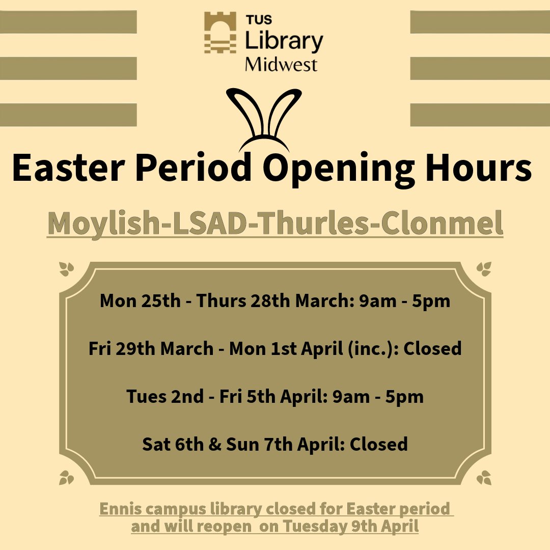 Here are the library opening hours for the Easter period📚🕰 We hope you enjoy the break 🐰 Remember our online resources remain available to access 24/7 through the library website 💻 #tuslibrary #WeAreTUS #easter #stillopen