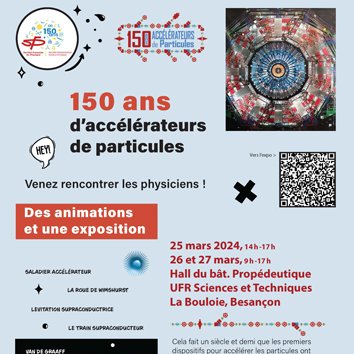 Venez visiter l'exposition de @SFP_officiel qui célèbre 150 ans d'accélérateurs de particules avec des physiciens de @fc_univ qui proposeront des expériences étonnantes🤩 25 >27 mars, Besancon @villedebesancon @SSAC_Univfc @acbesancon @SVT_Besancon @CNRS actu.univ-fcomte.fr/agenda/une-exp…