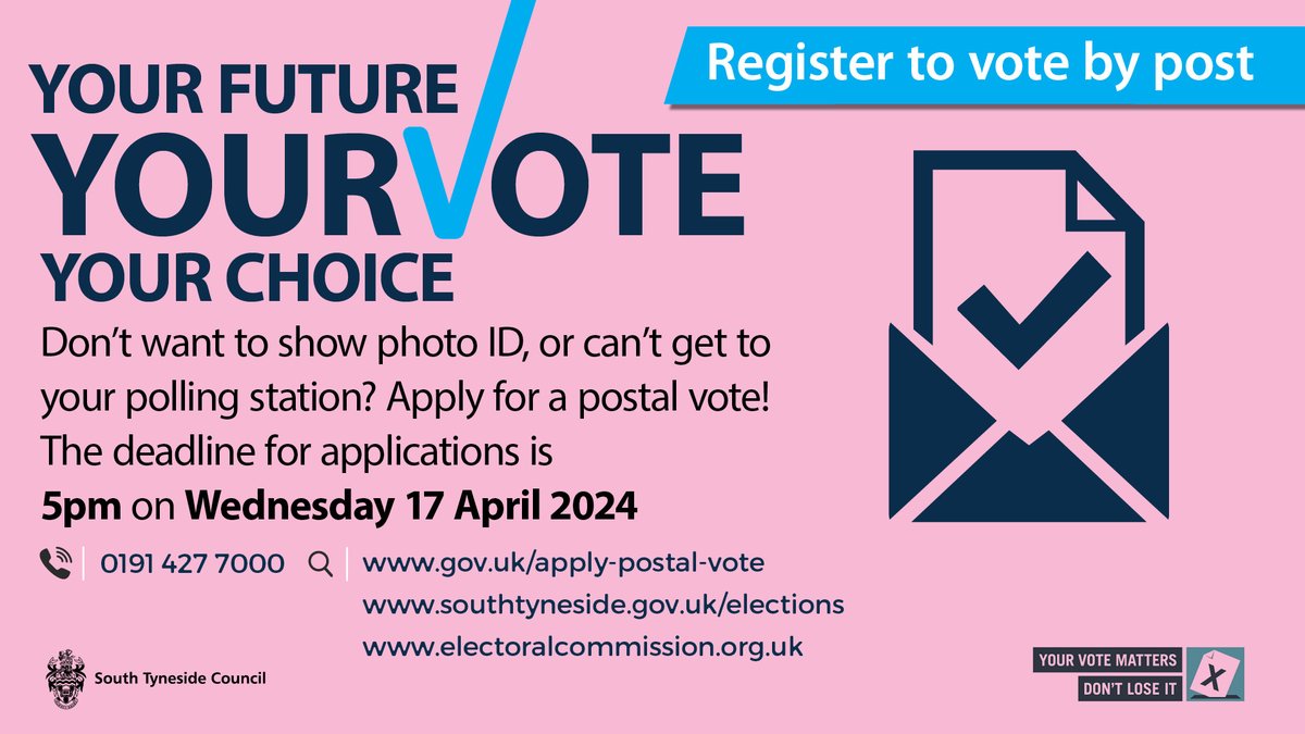 There’s just one week left to apply to vote by post at the elections on Thurs 2 May. The deadline to apply is Wed 17 April 📅 Apply online at gov.uk/apply-postal-v… or call us on 0191 427 7000 for a form.