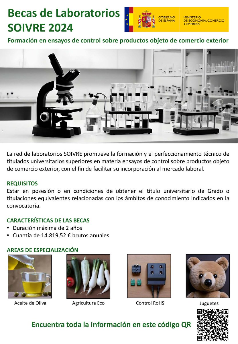 Publicado en el BOE: Becas de formación en control de productos de comercio exterior. 📚 Dirigido a titulados universitarios en ciencias. . 📅 Solicitudes del 22/03 al 15/04. Presenta aquí tu solicitud  : sede electrónica Detalle procedimiento (mineco.gob.es). #Becas
