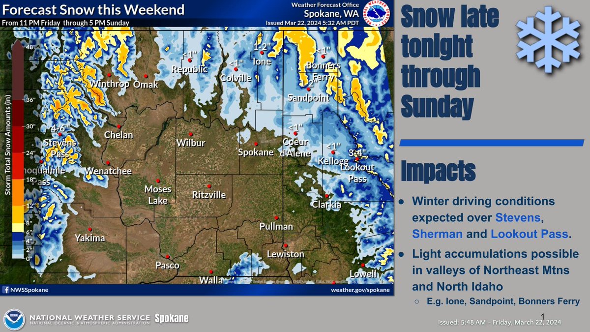 Snow returning in the mountains this weekend. Rain is expected to chance over to snow for northern mountain valleys in northeast #wawx and in the northern #idwx Panhandle. Minor travel impacts expected mainly Saturday night into Sunday.