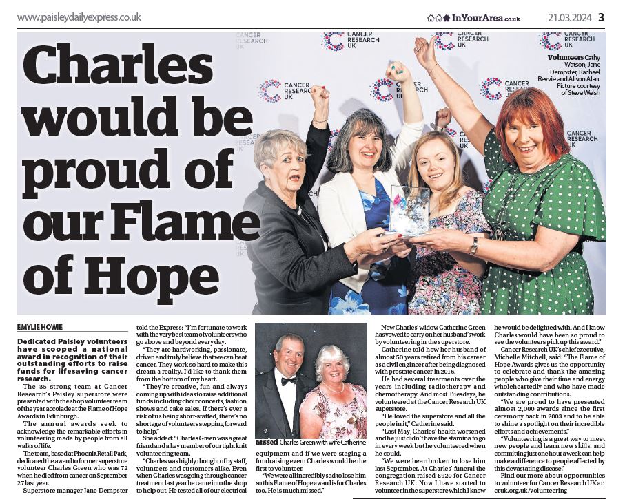 "I'm fortunate to work with the very best team of volunteers who go above &amp; beyond every day." 💙🌟

Congratulations to the team <a href="/CR_UK/">Cancer Research UK</a> Paisley superstore who received the Shop Volunteer Team of the Year accolade at the Flame of Hope Awards in Edinburgh. Thank you