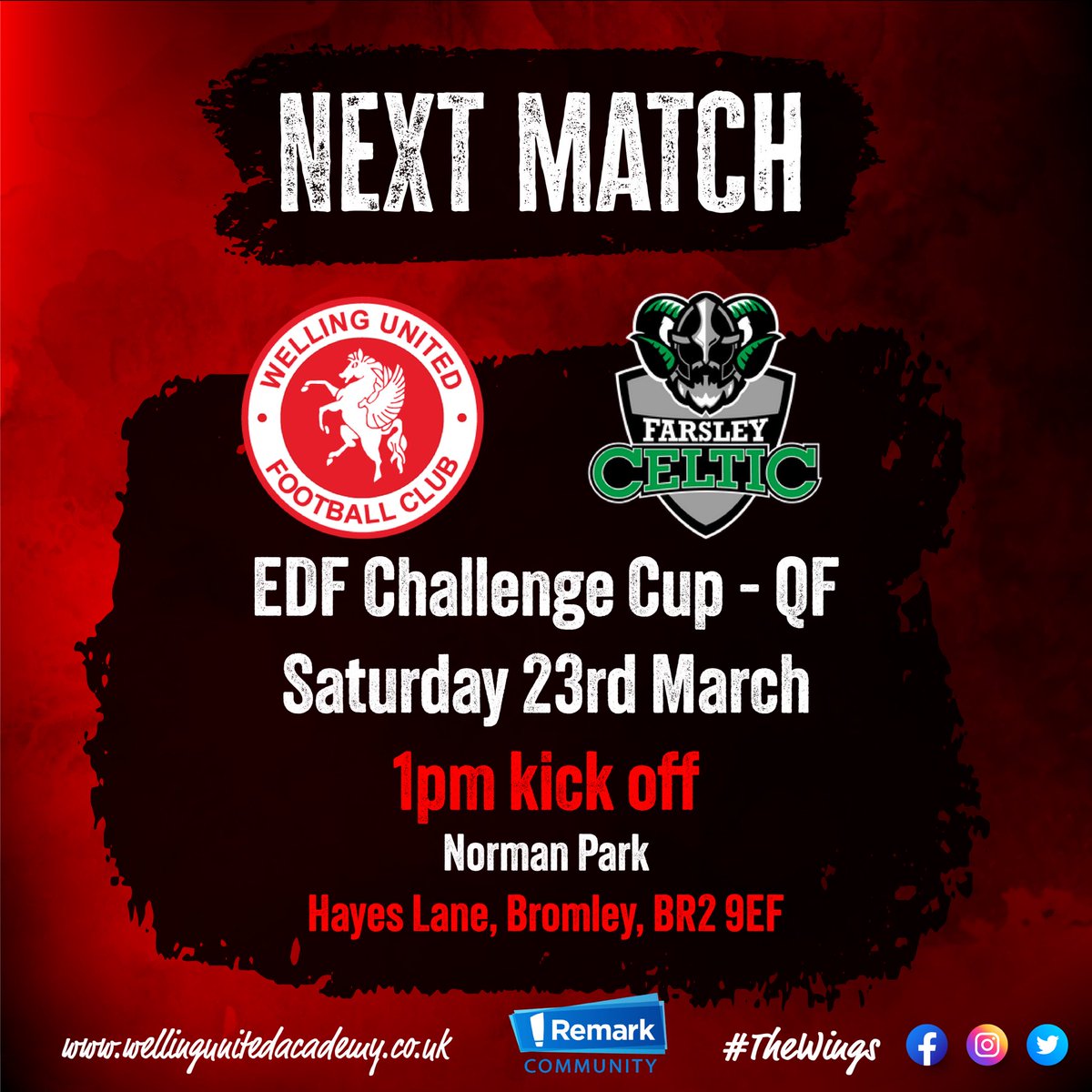 We will be welcoming the Farsley Celtics down to London tomorrow for EDF Challenge Cup Quarter Final! 
#WingsFamily
#WeAreWings
#AllInThisTogether
#WellingUnited
#WUDFC