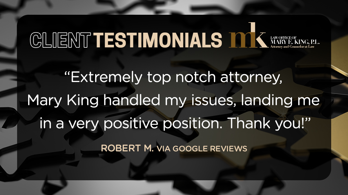 Thank you for sharing a review of your recent experience, Robin. Our law firm is always committed to providing high-quality legal services.

---
Serving Clients Throughout Florida. Call Attorney Mary King today!

#clientreview #taxattorney #taxhelp #taxseason #tax