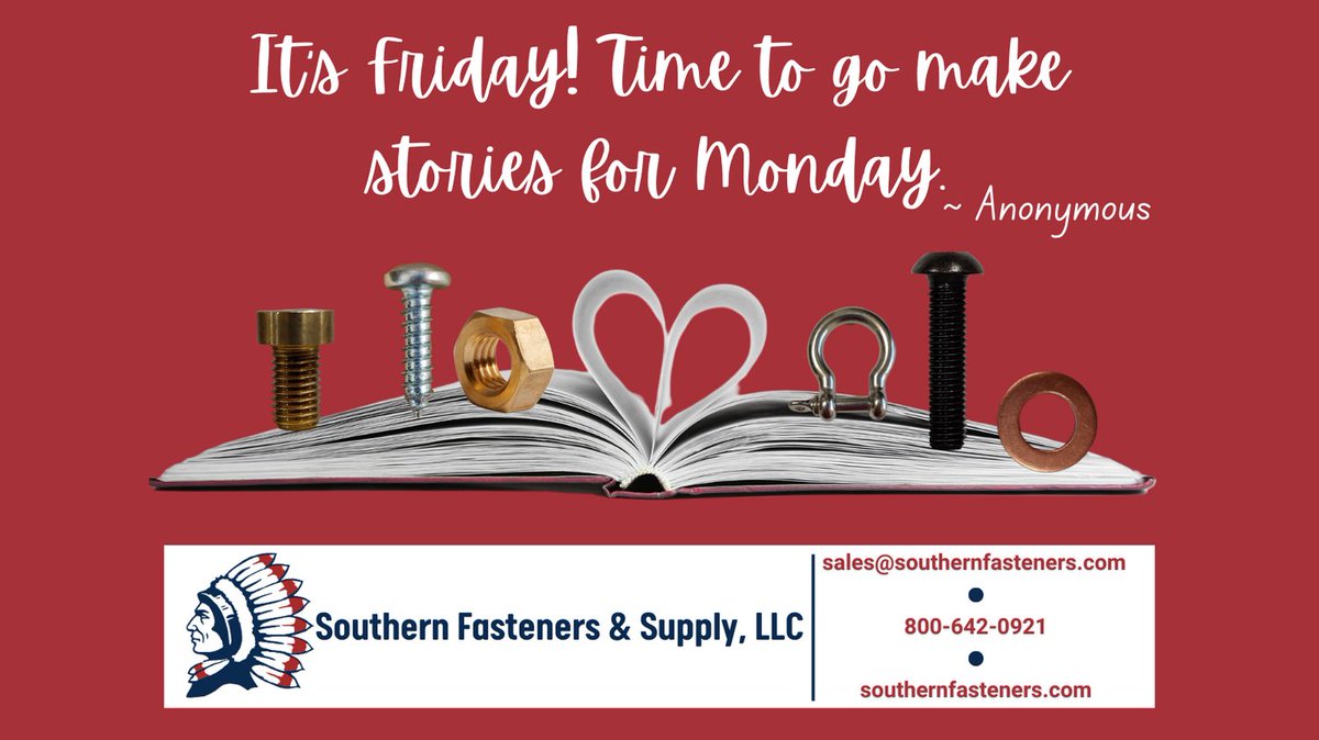 We can't wait to hear all the stories you make over the weekend... especially if the stories involve fasteners. Stop in to get the stock you need for your adventures. #southernfasteners #nutsandbolts #fasteners #hellofriday #contactus #sharewithus #storytime
