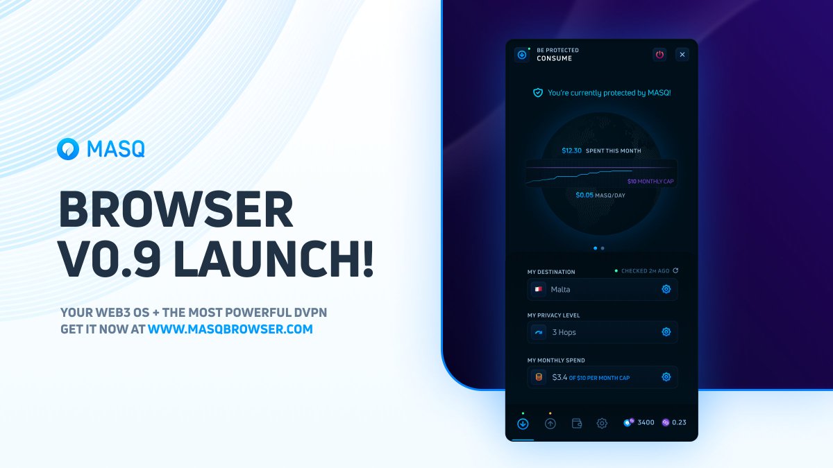 🎉 MASQ Browser v0.9 has arrived! Packed with new features & improvements… 🌐 Open browsing 🔒 Enhanced UX 💼 Rabby wallet integration 🔗 Ledger Support for Metamask and Rabby. 🔄 Revamped Node Interface And more! Start borderless browsing: masqbrowser.com
