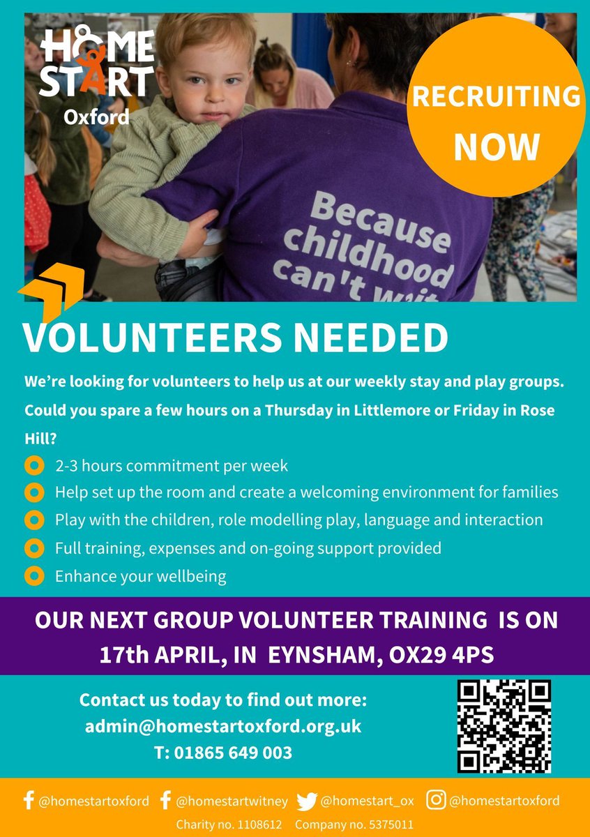 Fancy becoming a volunteer at our Littlemore or Rose Hill stay and play groups? Our next group volunteer training session is on 17th April. Find out more here buff.ly/3TKx1lK or call us on 01865 649 003. #Volunteer #OCVA #RoseHill #Littlemore #GroupVolunteer