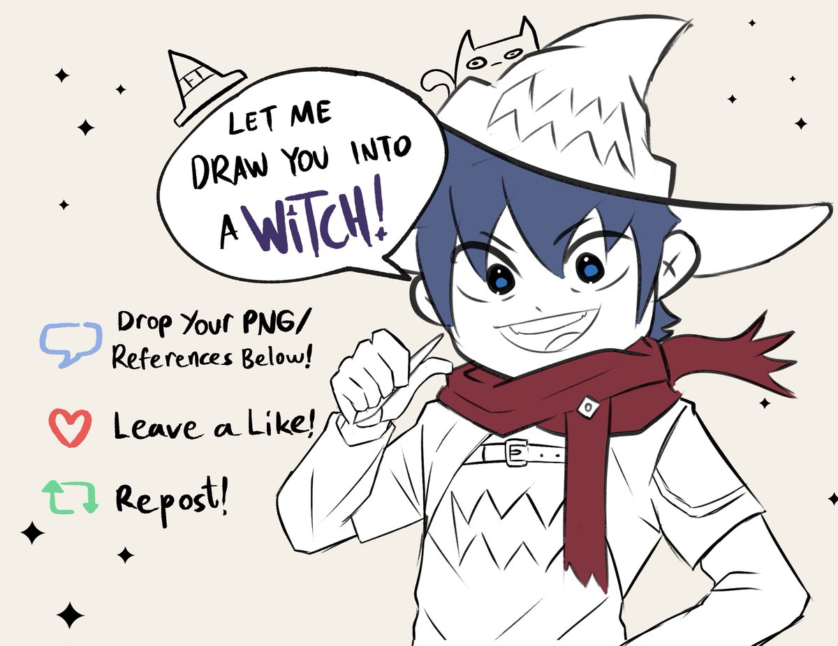 🔮LET ME DRAW YOUR OC INTO A WITCH🧹 Hey! I NEED to draw more Witches for my own sanity. I'll be giving away SKEB-like bust up artwork in between c0mms All you have to do is: ✨ Comment your PNG/References ✨ Like ✨Repost