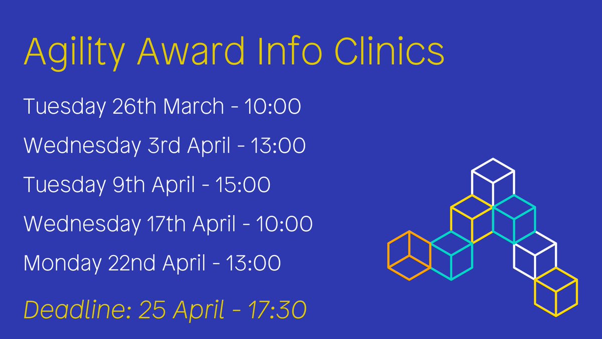 Applying for the Agility Award? Don't miss our Info Clinics! Head along to any of the dates, learn more about eligibility, the guidelines and get your questions answered! register: artscouncil.ie/Funds/Agility-…