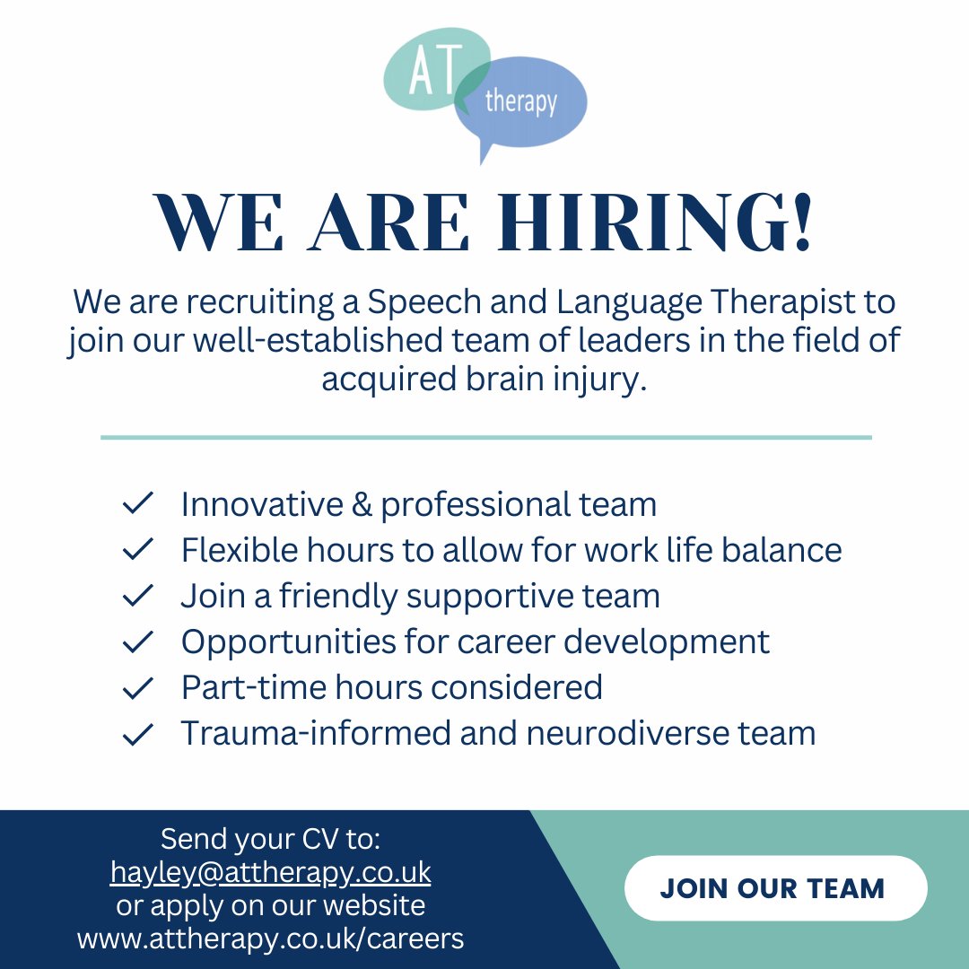 🌟 Join our team and make a difference! 🌟 We're recruiting a Speech and Language Therapist to join our fantastic team. Apply on our website, attherapy.co.uk/speech-therapi…, or send your CV to hayley@attherapy.co.uk We look forward to hearing from you! #recruitment