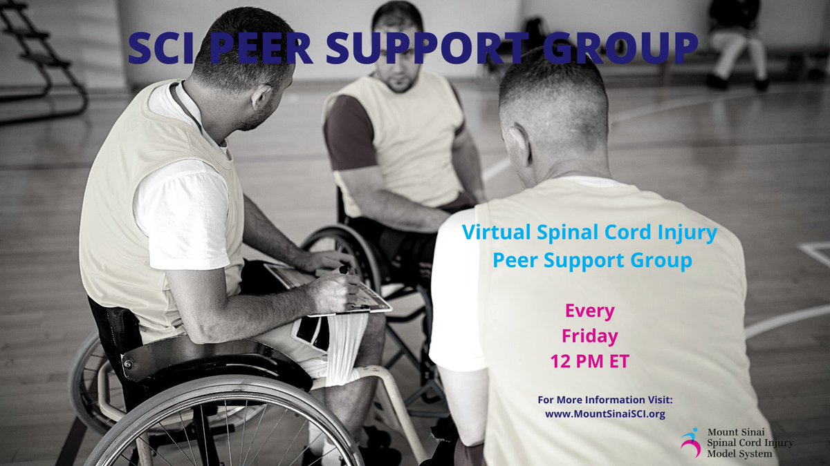 Join us for our Virtual Spinal Cord Injury Peer Support Group! Every Friday at noon. To register, contact Garrison Redd at Garrison.redd@mountsinai.org #SpinalCordInjury #SupportGroups #Paraplegia #Quadriplegia ow.ly/BMFX50QQymN