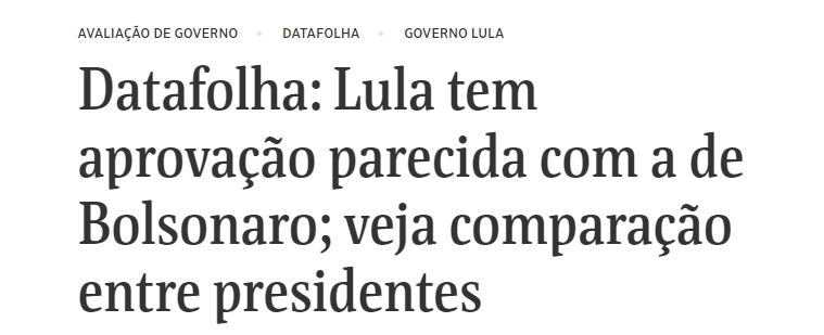 Deve ser muito duro para um petista ver esses dados sobre , mais de um ano após a eleição, aquele que iria fazer o Brasil voltar. Esbarram no muro da realidade. Lula com o mesmo índice de aprovação de Bolsonaro é um tapa na cara da empáfia canhota.