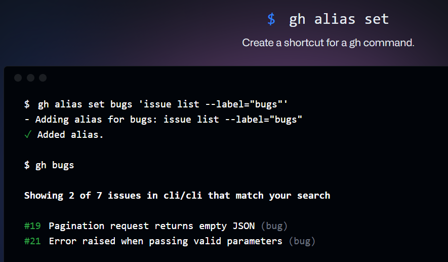 JairoProDev's tweet photo. 🪢Con 'gh alias set' en GitHub CLI, creas atajos para tus comandos gh favoritos. Aquí, se ha creado un alias llamado 'bugs' para el comando 'issue list --label="bugs"'. Ahora, al ejecutar 'gh bugs', obtendrás la lista de problemas etiquetados como 'bugs' en el repositorio actual https://t.co/Pt90nYoW6b