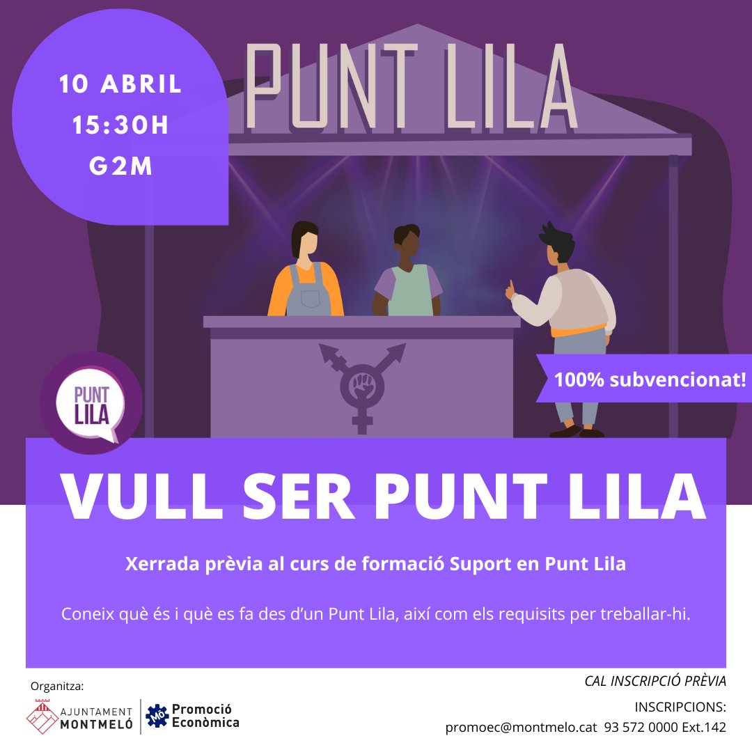 💜Vols ser PUNT LILA? Coneix el món de la sensibilització en temes feministes i d'igualtat. Vine a aquesta sessió on informarem què és, què es fa i els requisits per a treballar en un Punt Lila. 📆10 d'abril a les 15:30h a la G2M. ✉️promoec@montmelo.cat ☎️93 572 00 00 (ext 142)