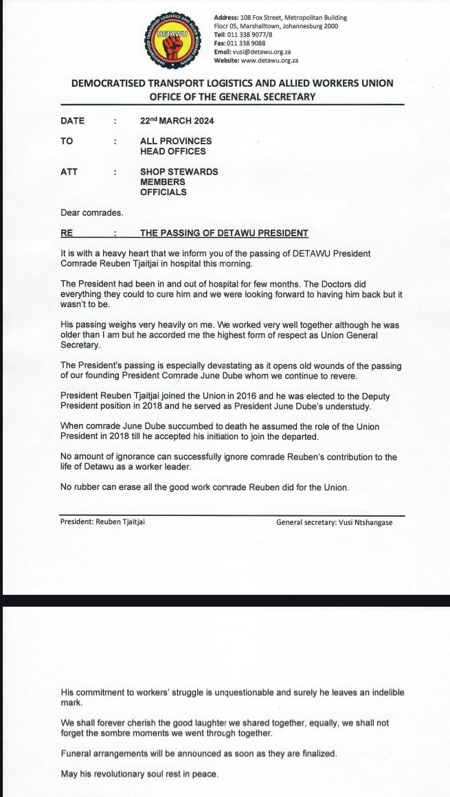 Sad news from the office of General Secretary Vusi Ntshangase.