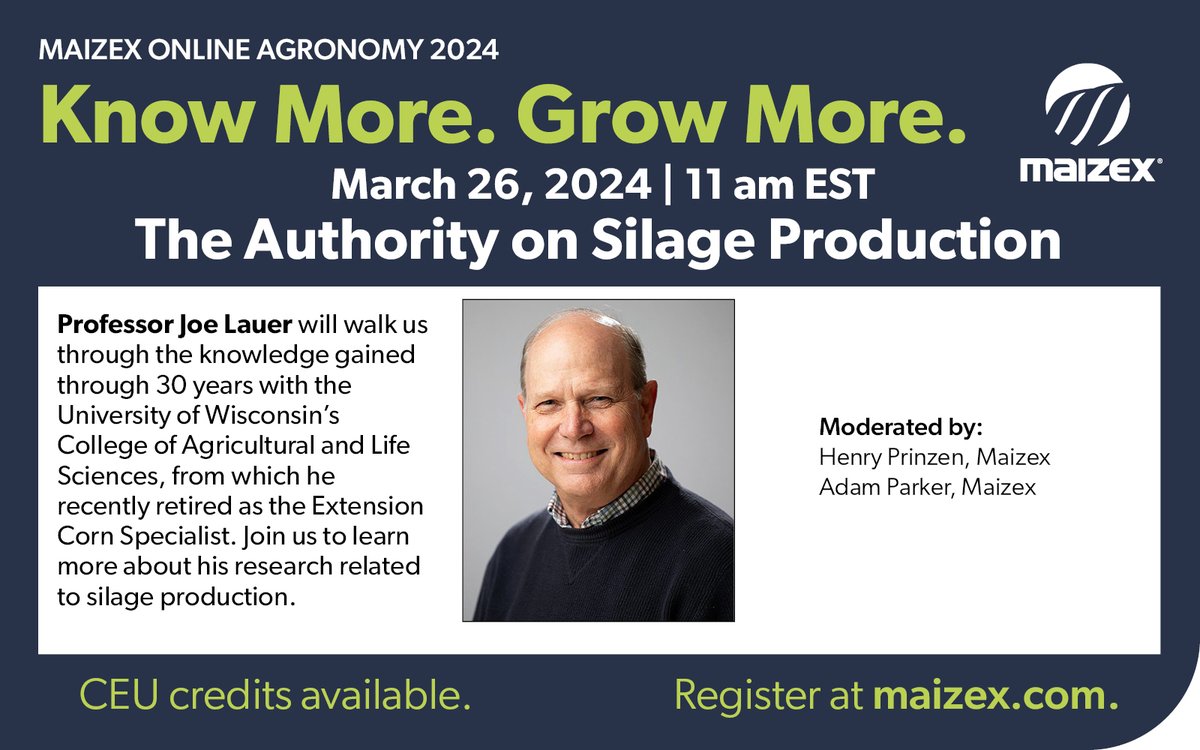 Our second virtual #KnowMoreGrowMore agronomy event is set for Tuesday, March 26 with Professor Joe Lauer on silage production. Register here: bit.ly/keytosilagepro…… #Plant24 #fieldbyfield