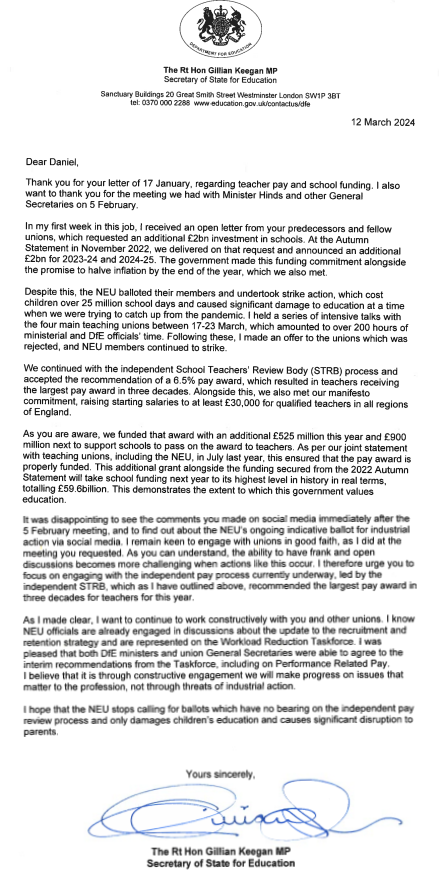 Last week, we received a letter from @GillianKeegan, asking us to halt our ballot over pay and funding. If she thinks her threats can stop us from saving our schools, then she should think again! 🗳️ VOTE NOW for a fully funded, inflation-plus pay rise and demand the funds our…