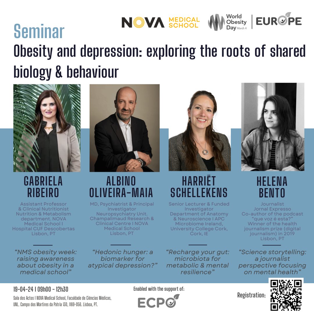 As part of the #WorldObesityDay, @nova_medschool will host  this in-person symposium on #obesity and #mentalhealth with @albinojorgemai @harschellekens  Helena Bento. Free registration with limited seats! Enabled with the support of @ECPObesity