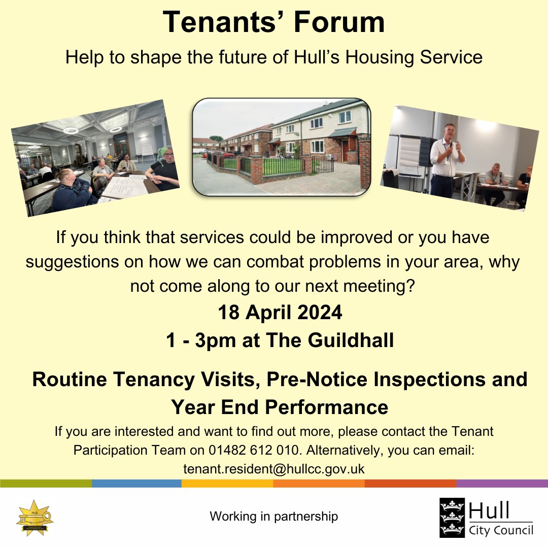 A reminder that our next Tenants' Forum is being held on 18th April 2024 at the Guildhall. If you would like to attend the Forum, please get in touch with us! @Hullccnews @TPASGill @tpasengland