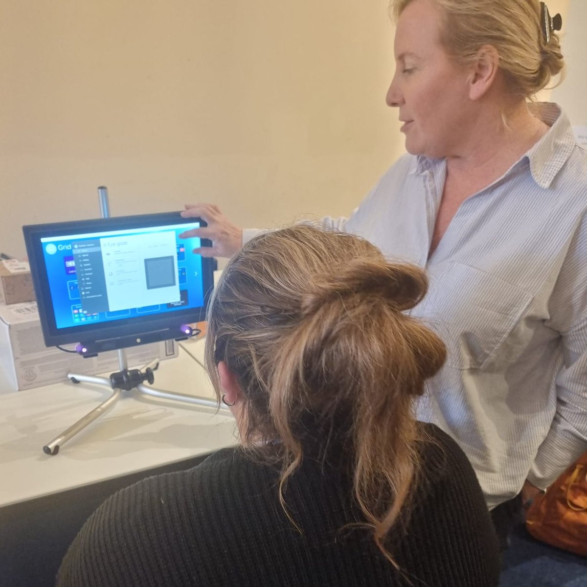 At a recent tech team meeting, we had the pleasure of meeting Jacqui from Smartbox Assistive Technology. Our team members experimented with the newest eye gaze camera, with Tiffany seen trialing it. What an impressive camera! #eyegaze #accessibility