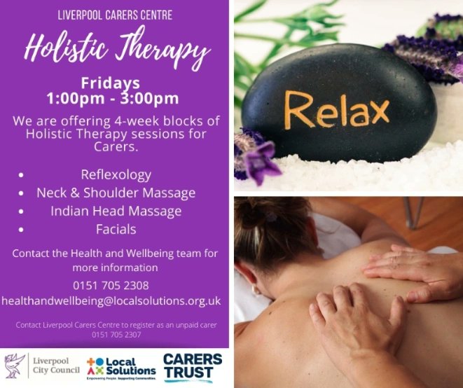 A new block of Holistic Therapy, at the Carer's Centre starts today! 💆🏼‍♀️💆🏼‍♂️ 1pm - 3pm! Great way to relax and switch off. For more information, get in touch 😀 0151 705 2308 Healthandwellbeing@localsolutions.org.uk @LivCarersCentre @LocalSolutions_ @lpoolcouncil