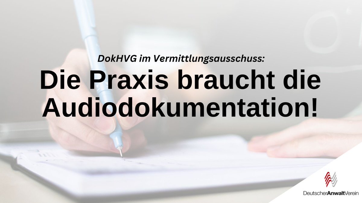 💬 'Die Praxis ist dagegen'? ❌ Fehlanzeige! Das #DokHVG hängt im #Vermittlungsausschuss fest. Der Grund: angeblich einhellige Ablehnung der Praxis. Aber: Anwälte fordern die #Audiodokumentation schon lange, auch @NeueRichter unterstützt das Gesetz. anwaltverein.de/de/newsroom/do…