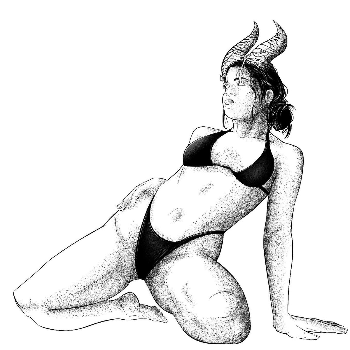 RJSoria's tweet photo. Another re-upload.  
#art #artwork #drawing #illustration #lineart #linework #blackandwhite #monochrome #blackwork #darkart #dotwork #stippling #pointillism #demon #swimsuit https://t.co/9ziN0yvS0p