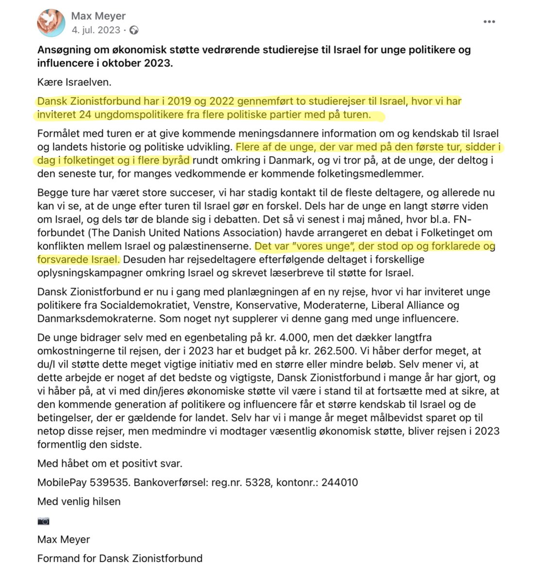 “[Er] så stolt at to unge politikere jeg havde med på studietur til Isr@l, i morgen stiller sig op og forsvarer Issr@l på en konf. i FT” - Max Meyer, DZF. Formænd fra KU og VU som lobbyister? @HolstVigilius og @mgladegaard kommentar? #IsraelLobbyiDanmark #dkpol #dkmedier