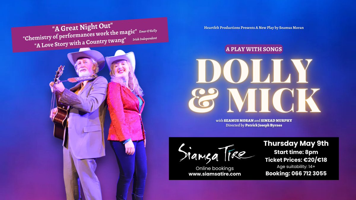 Dolly & Mick - Live in @siamsatire on May 9th @ 8pm - Click here to book your tickets: bit.ly/439znhc, or call our team in the box office on 066 7123055 #CountryMusic #WhatsOnInTralee #LiveMusicTralee