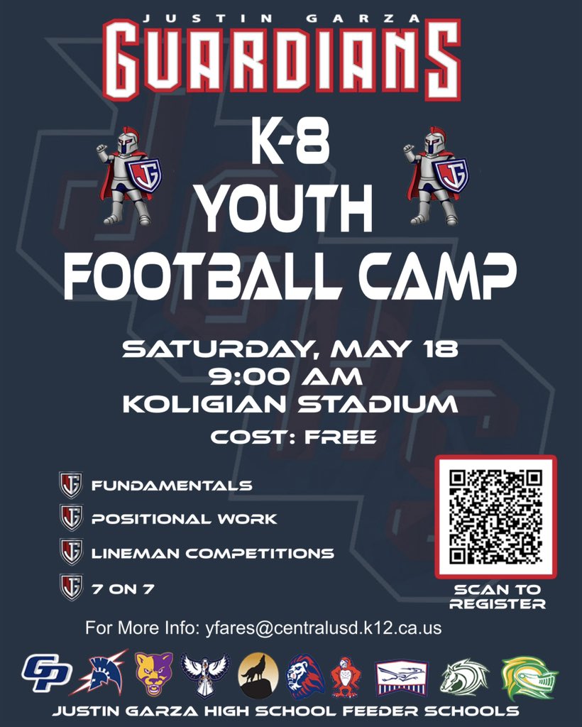 Garza Guardian Youth Football Camp is here! Join us for the free event, Saturday, May 18, 9 a.m., at Koligian Stadium, to learn fundamentals, focused positional work, lineman conditioning and 7 on 7. 

To register, scan the QR code! <a href="/Coach_fares/">Yosef Fares</a> #garzafootball