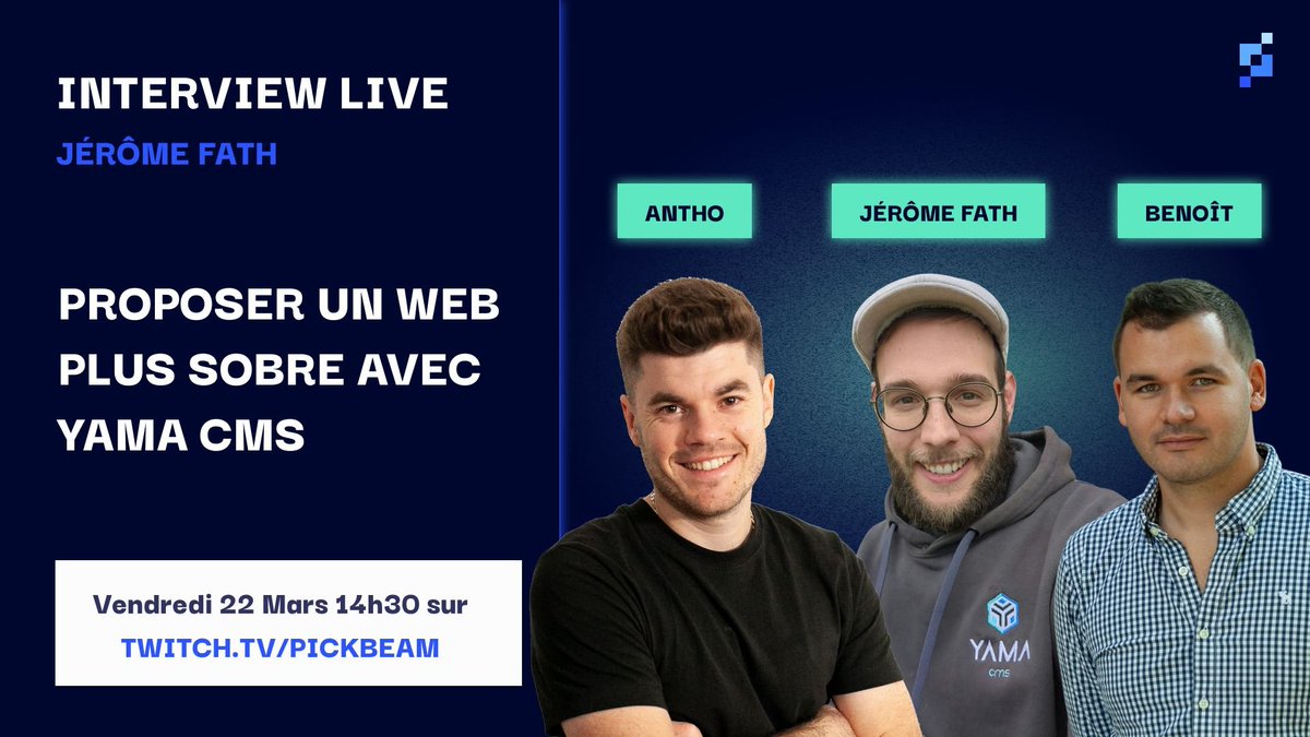 Pickbeam's tweet image. Proposer un web plus sobre avec Yama CMS 👇

Très content d'accueillir Jérôme Fath pour nous présenter YAMA CMS, un CMS 100% Français 🇫🇷 !

Démarrage du stream avec Jérome  dans 5 minutes ! 

twitch.tv/pickbeam
