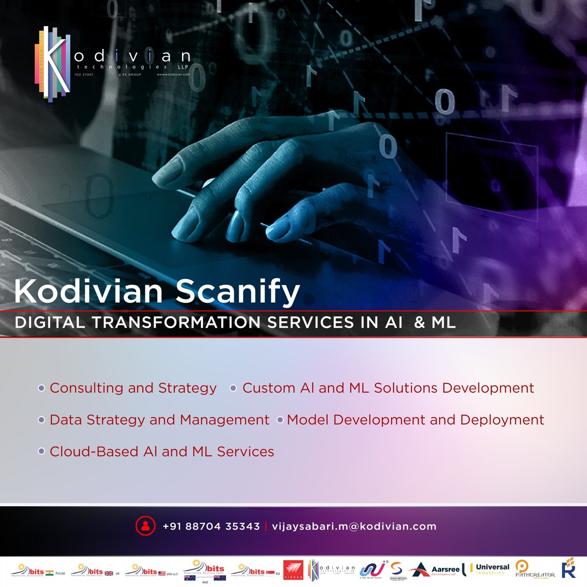 Digital Transfromation Services in AI & ML...
#kodivian #ssgroupofcompanies #ssgroup #ai #ml #consulting #strategy #modeldevelopment #deployment #cloudbasedai #mlservices
