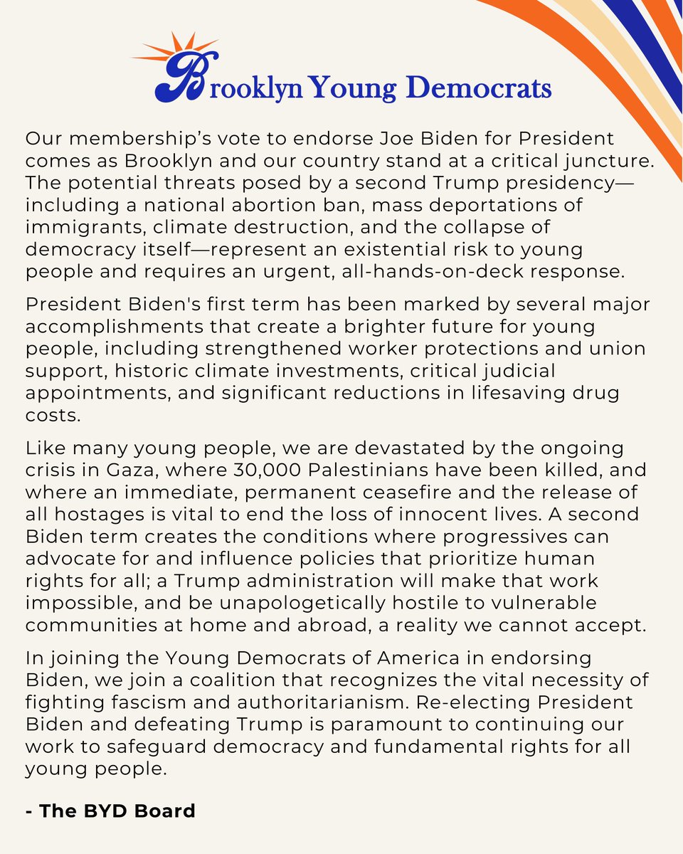 We're proud to announce that our membership has voted to endorse Joe Biden for President. Our endorsement is accompanied by a statement from the BYD board. The presidential primary is April 2nd!