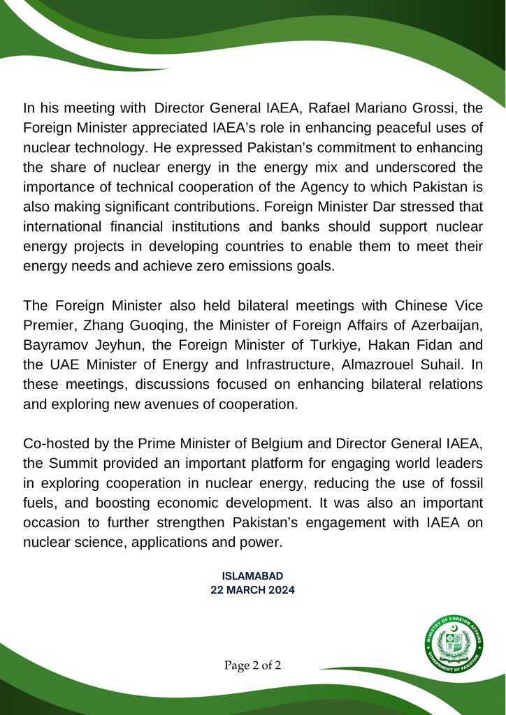 🔊: PR NO. 5️⃣1️⃣/2️⃣0️⃣2️⃣4️⃣ Foreign Minister's Visit to Brussels to Participate in Nuclear Energy Summit 🔗⬇️ mofa.gov.pk/press-releases…