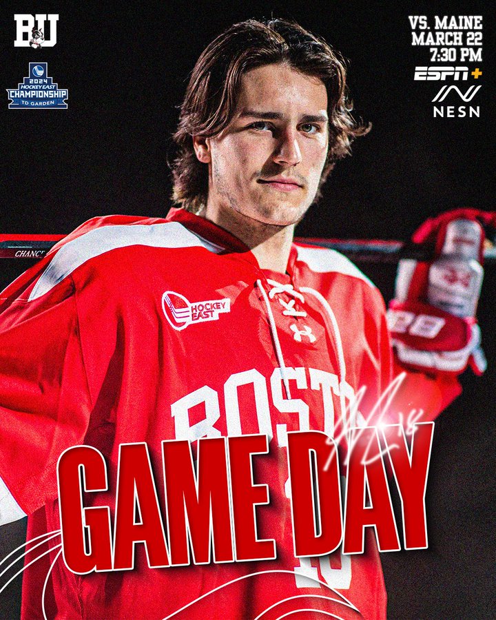 Game day graphic featuring posed photo of Shane Lachance. BU vs. Maine, March 22, 7:30 PM on ESPN+ and NESN