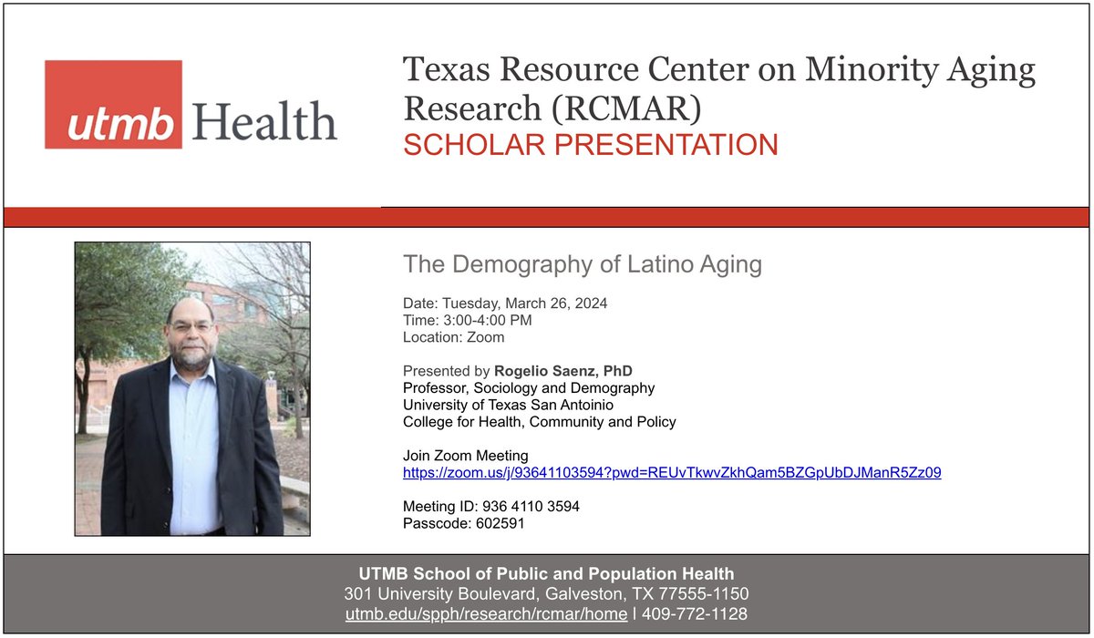 📅 Join us on Tues, March 26th at 3pm for the next Texas RCMAR presentation, online. Dr. Saenz from UTSA will present, 'The Demography of Latino Aging'. DM for Zoom link #RCMAR utmb.edu/rcmar