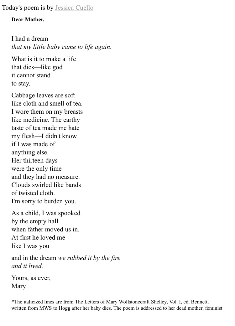 'What is it to make a life that dies--like god it cannot stand to stay.' Thank you, @jpdancingbear for selecting one of my Mary Shelley poems for @versedailypoems today versedaily.org/2024/dearmothe…