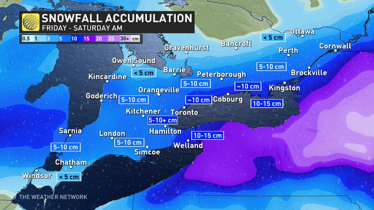 Winter really showing up this week. Friday's forecast for snow in southern Ontario, has some seeing 10-15 cm through Saturday am. #gta #Toronto #snowfallwarning #onstorm