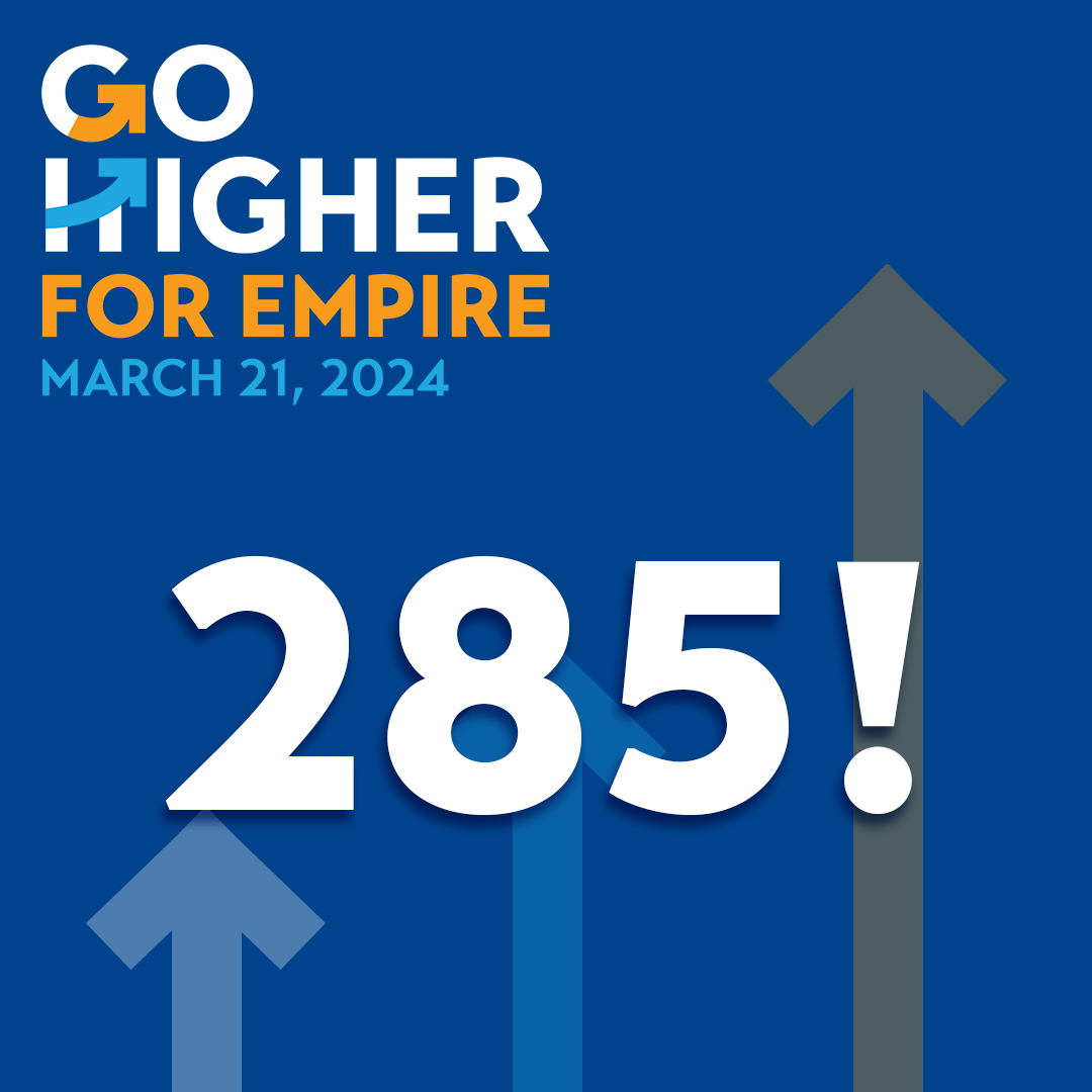 A special thank you to everyone who participated in our #GoHigherForEmpire Day of Giving yesterday. Thanks to you, we surpassed our goal with a total of 285 donations. Your generosity directly supports our students, and we couldn't be more thankful!