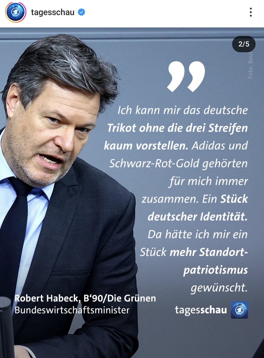 Ja, die Entscheidung des #DFB gegen #Adidas ist falsch, aber das ausgerechnet #Habeck von #Standortpatriotismus redet, ist Heuchelei pur. Die Ampel fährt mit ihrer Energie- & Sanktionspolitik die deutsche Wirtschaft gegen die Wand. Wo ist denn da Ihr Patriotismus, Herr Habeck?