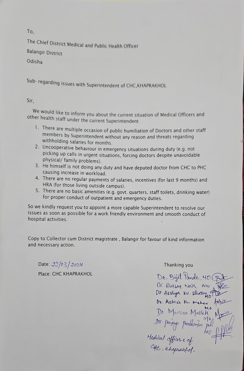 _bijit_pande's tweet photo. We Doctors of CHC KHAPRAKHOL are under constant mental distress for the past 9 months due to the toxic behaviour of our MO I/C and our pleas goes unheard. Is this the standard of medical administration? @CollectorBgr @balangir_cdmo @CMO_Odisha @HFWOdisha @VKPandian0 https://t.co/aqXw3i2tiR