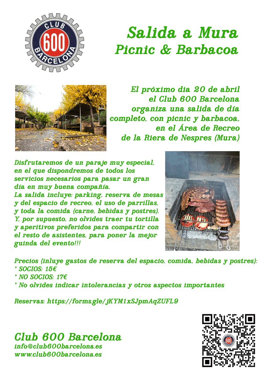 Club600BCN's tweet photo. 20/04/2024 - Picnic y BBQ en #Mura

El próximo día 20/04/24 el Club organiza una salida de día completo con barbacoa en la zona de #Mura. La salida incluye comida y la reserva del espacio natural. 
No os lo perdáis!!!
#SEAT600 #Club600Barcelona #Club600BCN https://t.co/y9ylGHp6jj