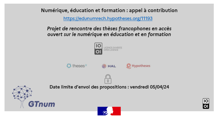 💡Numérique, éducation et recherche ✅Participez à la rencontre des thèses francophones en accès ouvert 🗓Date limite d’envoi de vos propositions ➡vendredi 05 avril 2024 👉 edunumrech.hypotheses.org/11193 #PoweredByDNE Cc @audranlebaron @AxelJean77 @elieallouche @LeLibreEdu