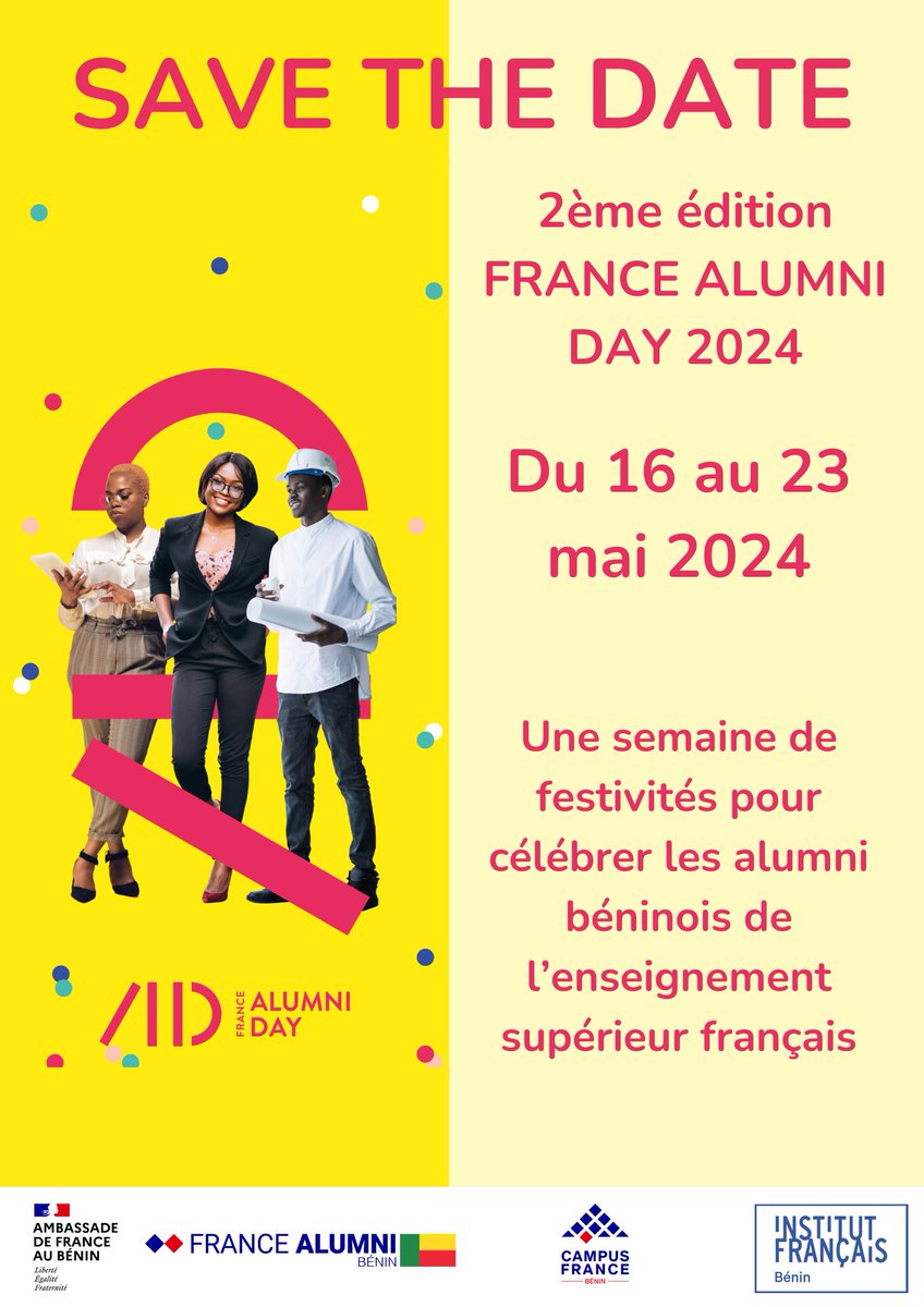 #alumni #benin | Cette année les festivités de l a 2ème édition de France Alumni Day se dérouleront du 16 au 23 mai 2024. Restez connecté pour découvrir très bientôt le programme de l’évènement. france-alumni-day.org #FranceAlumniDay2024 #francealumnibenin