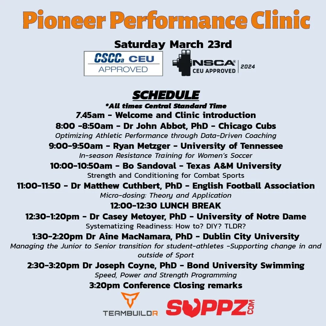 LAST DAY TO REGISTER LAST DAY TO REGISTER Today is the last day to register for Pioneer Performance Clinic. - 7 world renowned speakers ✅ - @nscaofficial and @csccaofficial CEUs✅ - All presentations recorded ✅ Register here letsgopioneers.com/sports-perform…